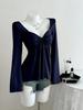 Mode Dames Lange Mouwen Gerimpeld T-shirt Slim Fit Elegante Knoop Top V-Hals Lieve Dames Geplooide Lente Herfst Eenvoudige Blouse Effen Kleur Kleding