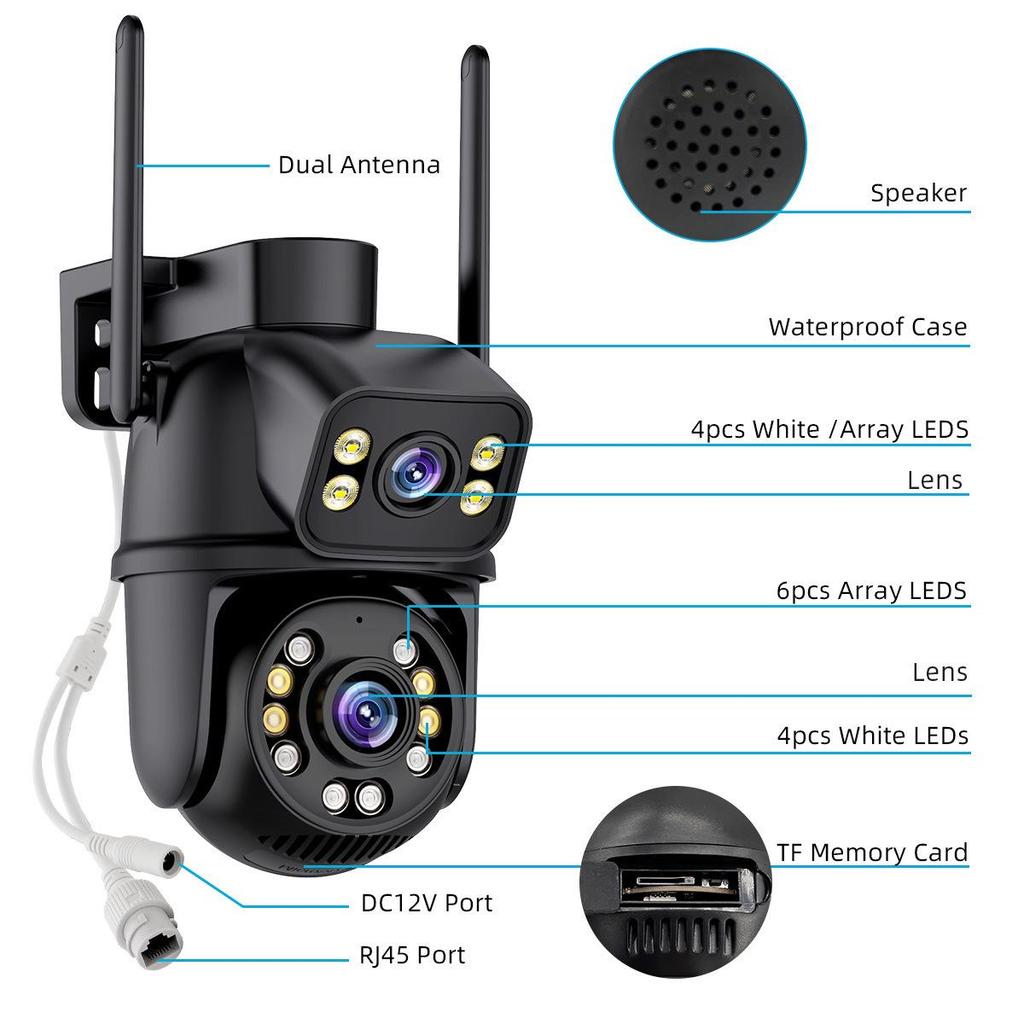 iCSee Dual-Lens HD WiFi Outdoor Surveillance Camera with Gun-Ball Linkage, Waterproof Design