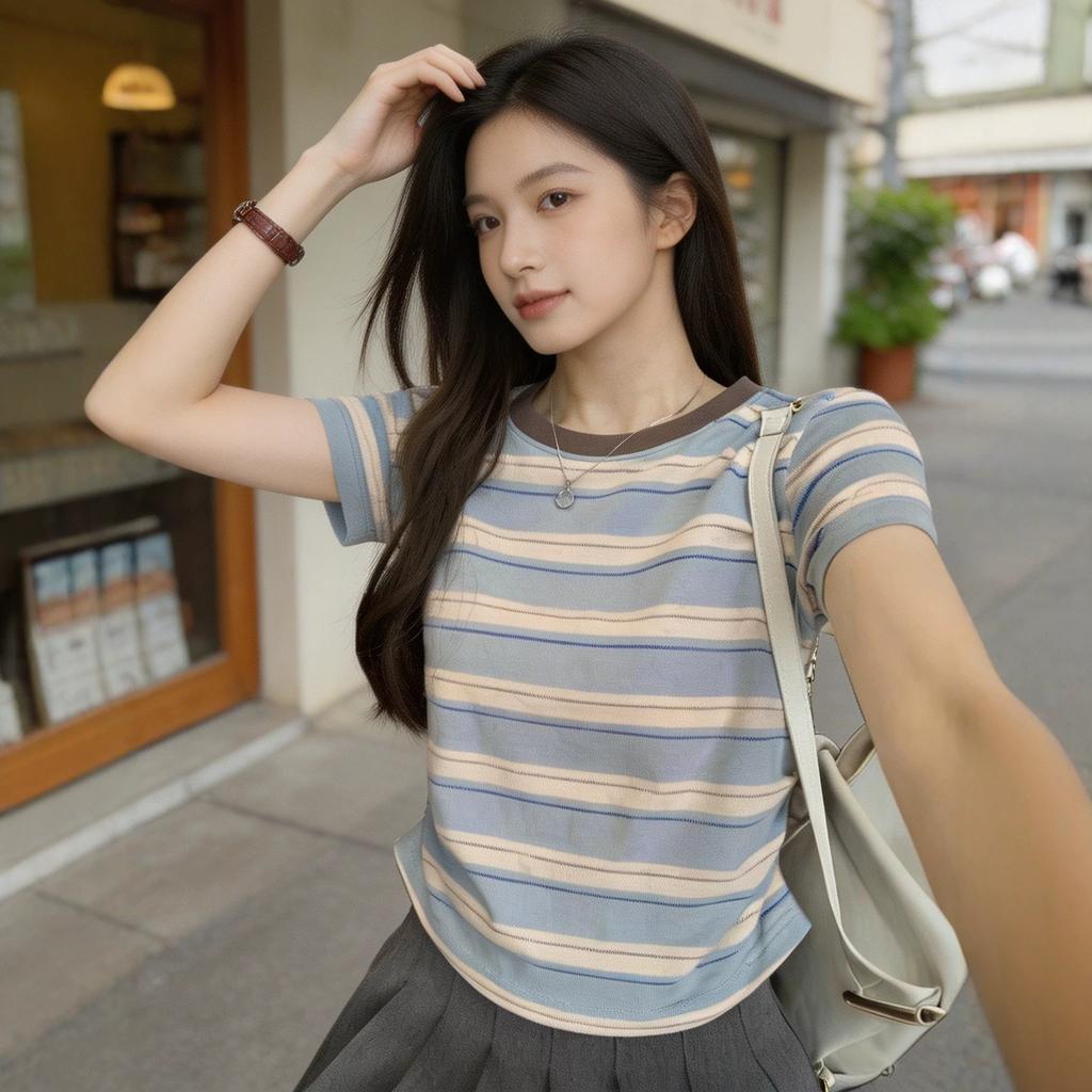 Contrasting color front shoulder stripes short-sleeved T-shirt women's summer new slim and thin student top high-end stripes