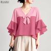 Women Elegant V-Neck Ruffles 3/4 Sleeve Loose Casual Blouse