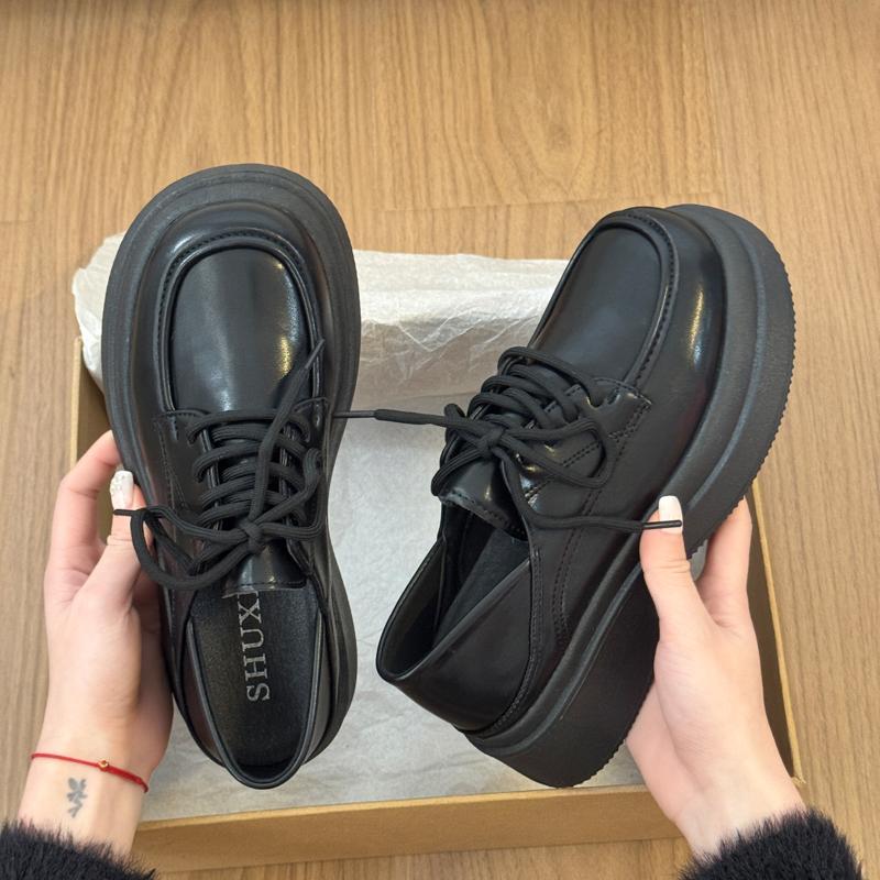 2026 New Spring Women Chunky Loafers Shoes Concise Round Toe Lace Up Shoes Female British Style Dress Leather Single Shoes