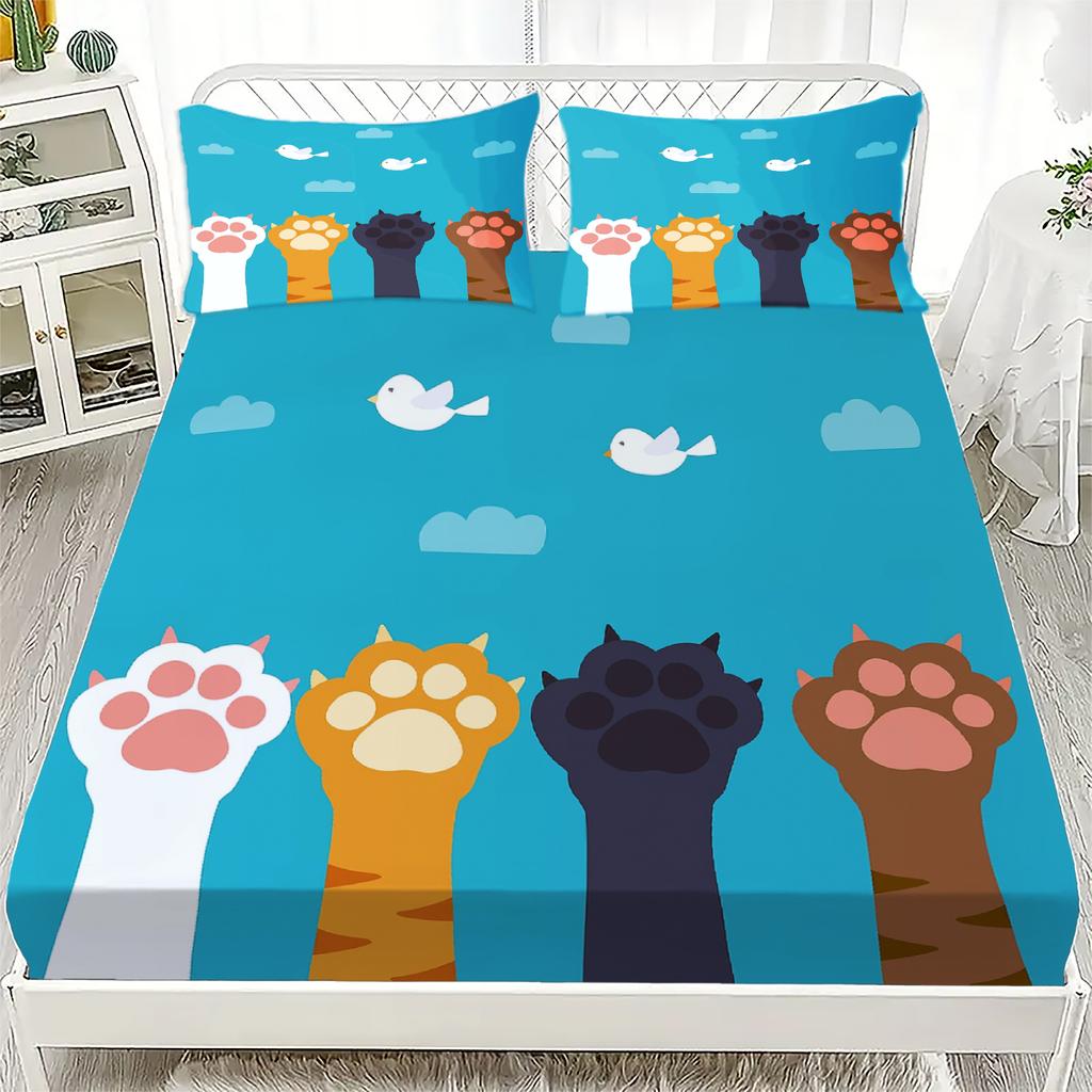 3pcs Cartoon Fitted Sheet Set Pink Cute Cat Claws Print 100% Polyester Breathable Bedding Set for Home Decor with 2 Pillowcases