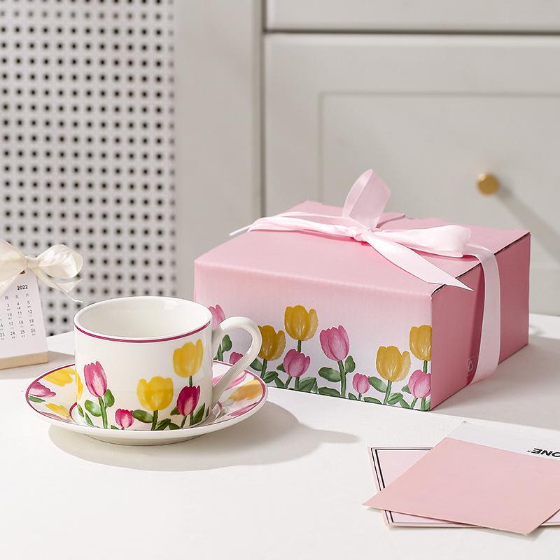 Hand Drawn Tulip Coffee Cup Set Gift Box Ceramic Water Cups Afternoon Tea Cups Breakfast Cup Milk Mug Juice Mug Coffee Mugs