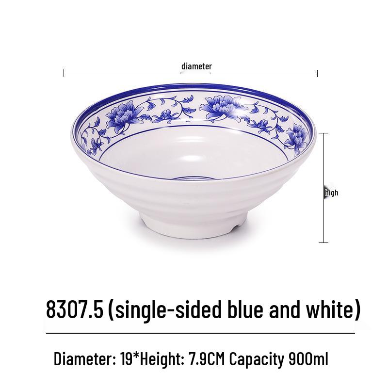 Blue & White Melamine Noodle Bowl: Imitation Porcelain Tableware for Ramen, Soup, Wonton, or Beef Noodles in Noodle Shops