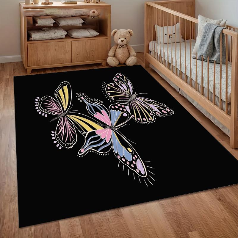 Weicher rutschfester pastellfarbener Schmetterlings-Teppich mit buntem Trio-Design auf schwarzem Hintergrund für Kinderzimmer Schlafzimmer Wohnzimmer Dekoration