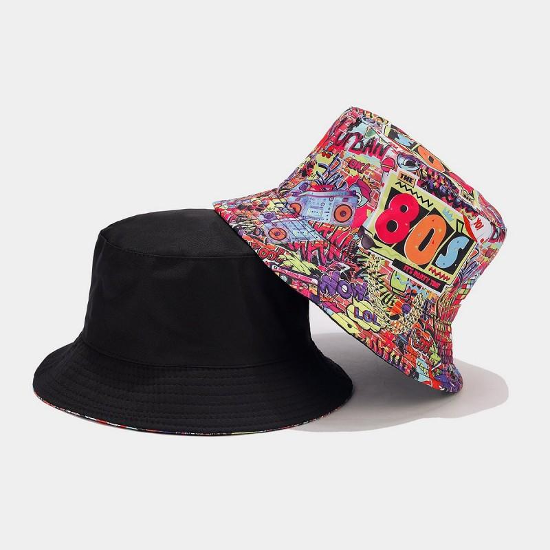 Europäischer und Amerikanischer Retro Klassiker 80er 90er Party Fischerhut Unisex Mode Graffiti Wendbarer Fischerhut