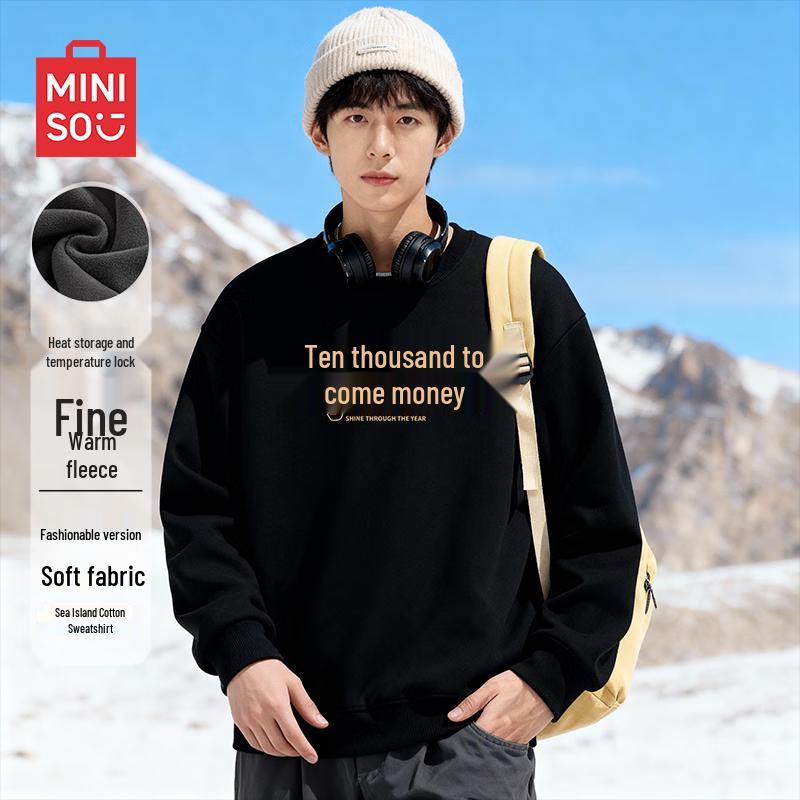 MINISO Men's Retro Fleece Lined Crew Neck Sweatshirt
