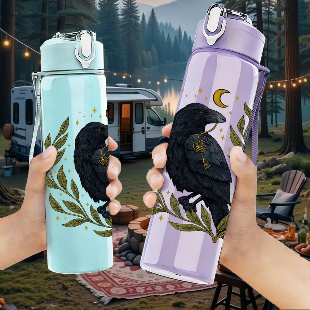1PC Wreath Black Raven Print 750ml Color Plastic Sports Water Bottle Leakproof Flip Straw Lid Suitable for Sports Office Home Use