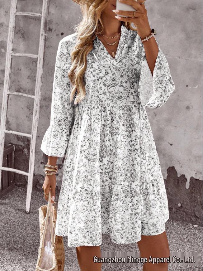 Elegant Multi-color Print Long Sleeve Dress for Women