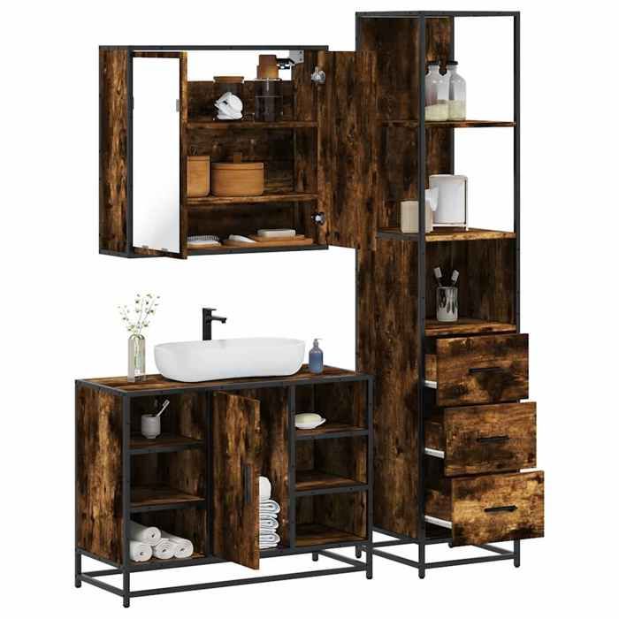 VidaXL Ensemble De Meubles De Salle De Bain 3 Pcs Chêne Fumé, Armoire De Rangement, Armoire De Bain, Meuble De Toilette 3301152