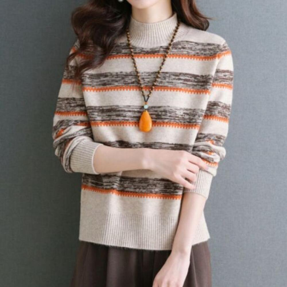 Navava Women Striped Point Half Turtleneck Long Sleeve Knit Nk2438