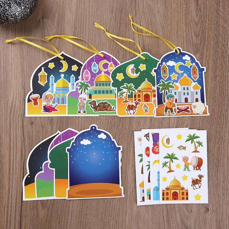 48pcs Eid Mubarak Craft Ornament Kits Ramadan Gift Label DIY Stickers Islamic Muslim Party Home Hanging Ornaments Decoration