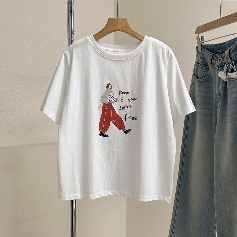 White Print Short-sleeved T-shirt for Women New Korean Style Loose Cute Versatile Slimming and Flesh-covering Cotton Top