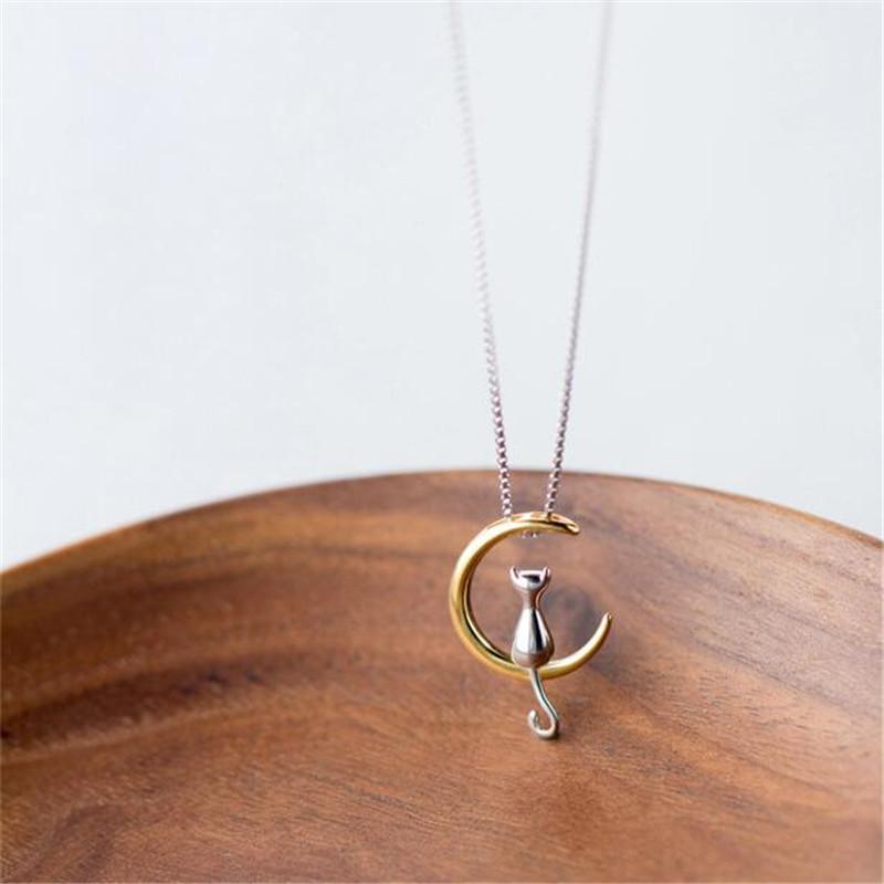 Nouveau Bijou Animal en Argent 925 Mode Mignon Chat Croissant de Lune Pendentifs Personnalité Haute Qualité Colliers XL091 argenté