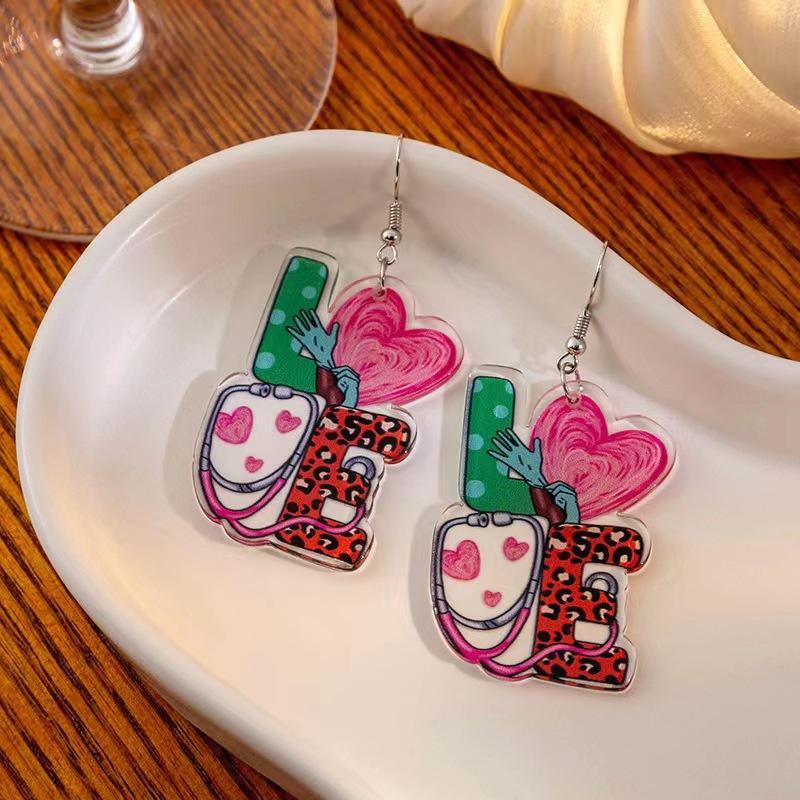 

Earrings Earrings Nurse s Day Celebration Holiday Acrylic Material Stylish Classic Alphabet Earrings рожевий червоний колір