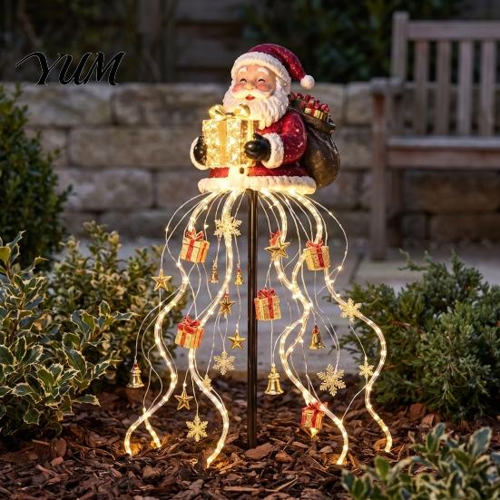 Decorative Porch Holiday Lighting Solar Santa Claus Christmas Garden Light, LED Holding Gift Box Yard Stake Weather Resistant Lawn Decor with