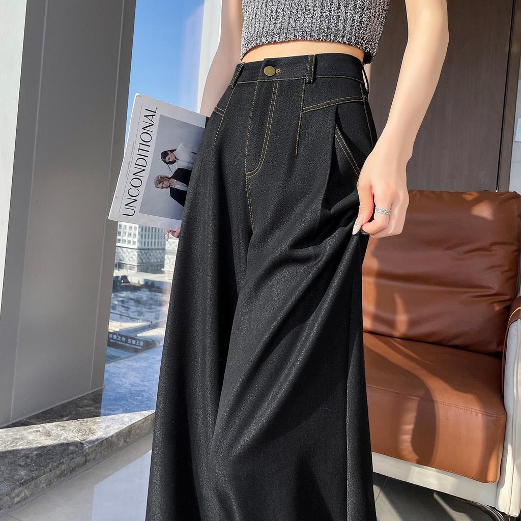 Women's Dark Blue Tencel High-Waisted Slimming Jeans, 2025 Spring/Summer Collection - Straight-Leg, Bright Stitching, Fashionable Draping Design.