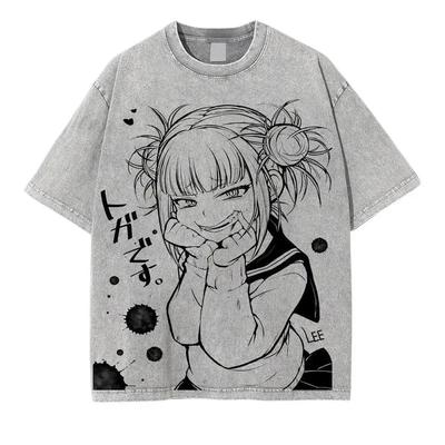 Manga My Hero Academia Printed T-shirt Toga Himiko Washed Oversized T Shirt Cotton Short Sleeve Tees Shirt Men Women Clothing