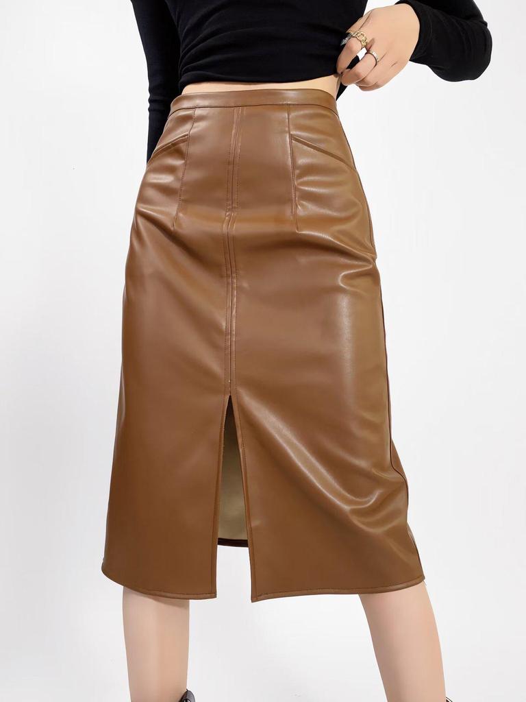 Slimming PU Leather High Slit Midi Skirt - Retro High Waist Hip-Hugging Style