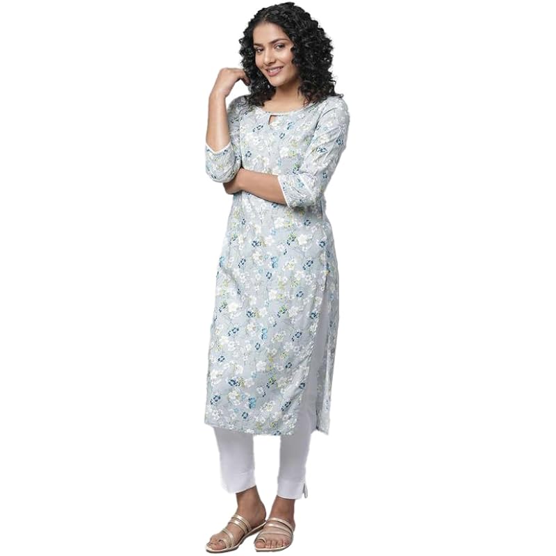 Aurelia Grey Floral Printed Printed Straight Long Kurta for Women