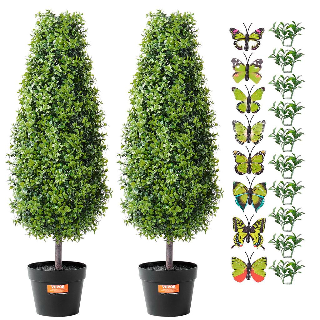 VEVOR Artificial Boxwood Topiary Tree, 36 inch Tall (2 Pieces), Faux Topiary Trees, Green Faux Plant w/ Extra Leaves & Pot & Small Decoration