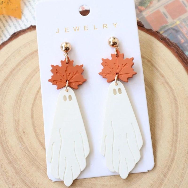 Halloween Soft Clay Acrylic Maple Leaf & Ghost Design Earrings Simple Cute Personalized Earrings, Festival Gift, Party Earrings