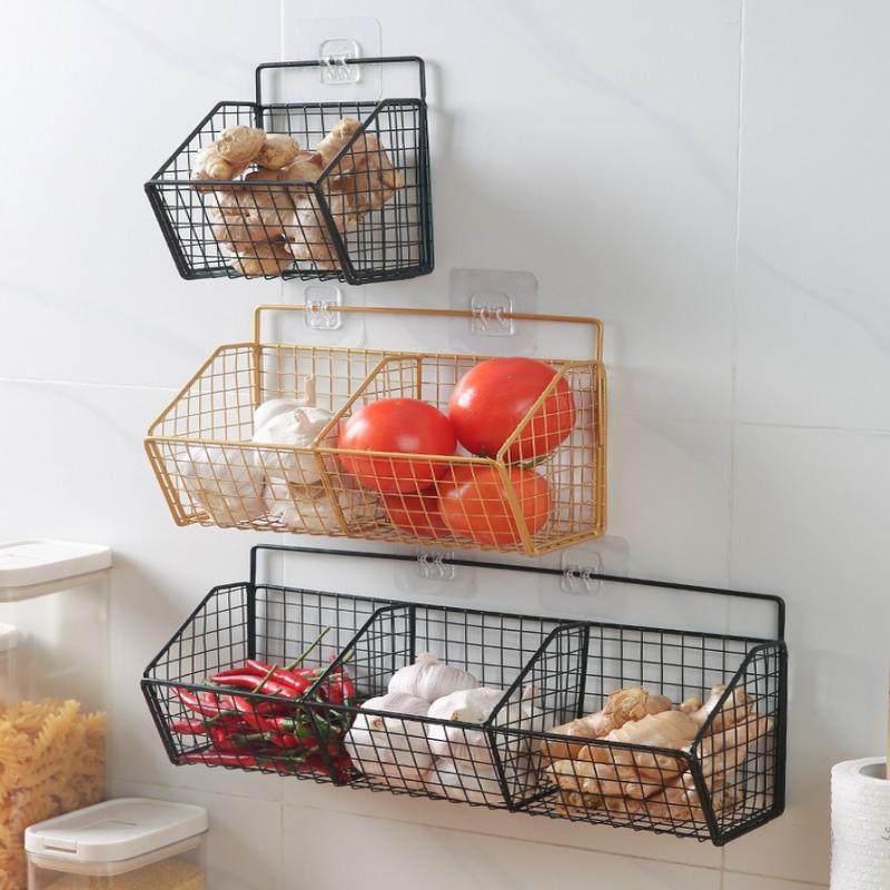 1/2/3 Grid Wall Mounted Kitchen Shelf Organizer Metal Rack Pantry Storage Garlic Ginger Basket Carbon Steel Hanging Wire Basket