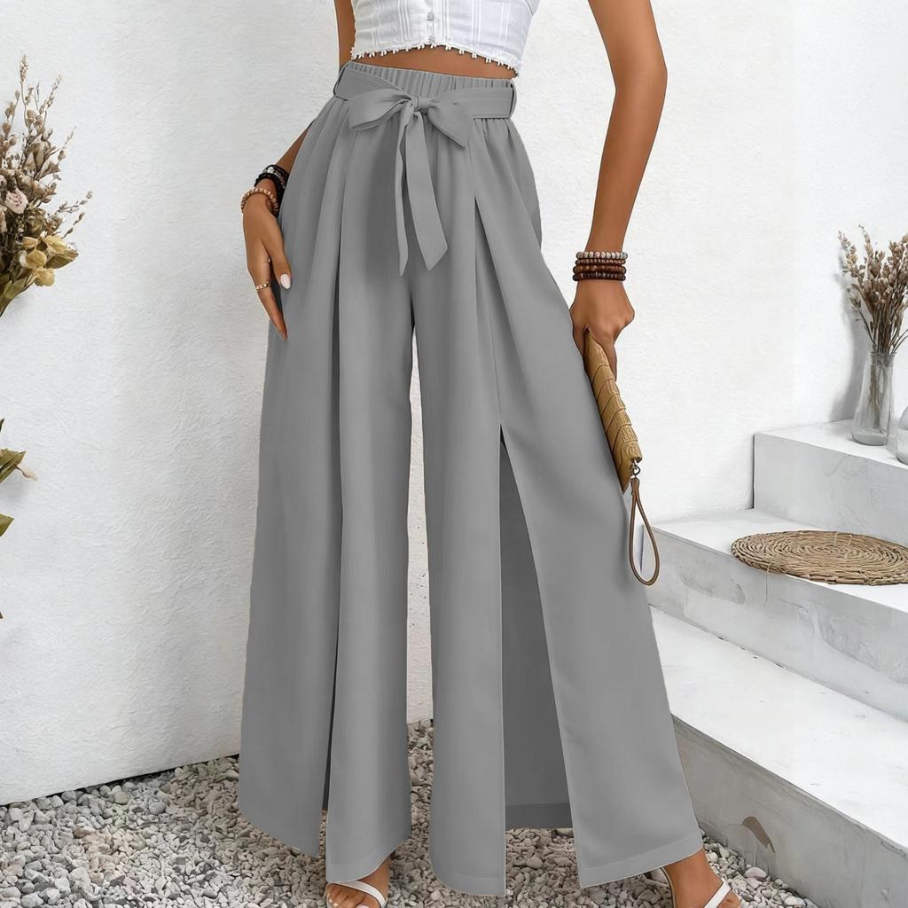 Women's -Color Casual High-Waisted Wide-Leg Trousers With Drawstring