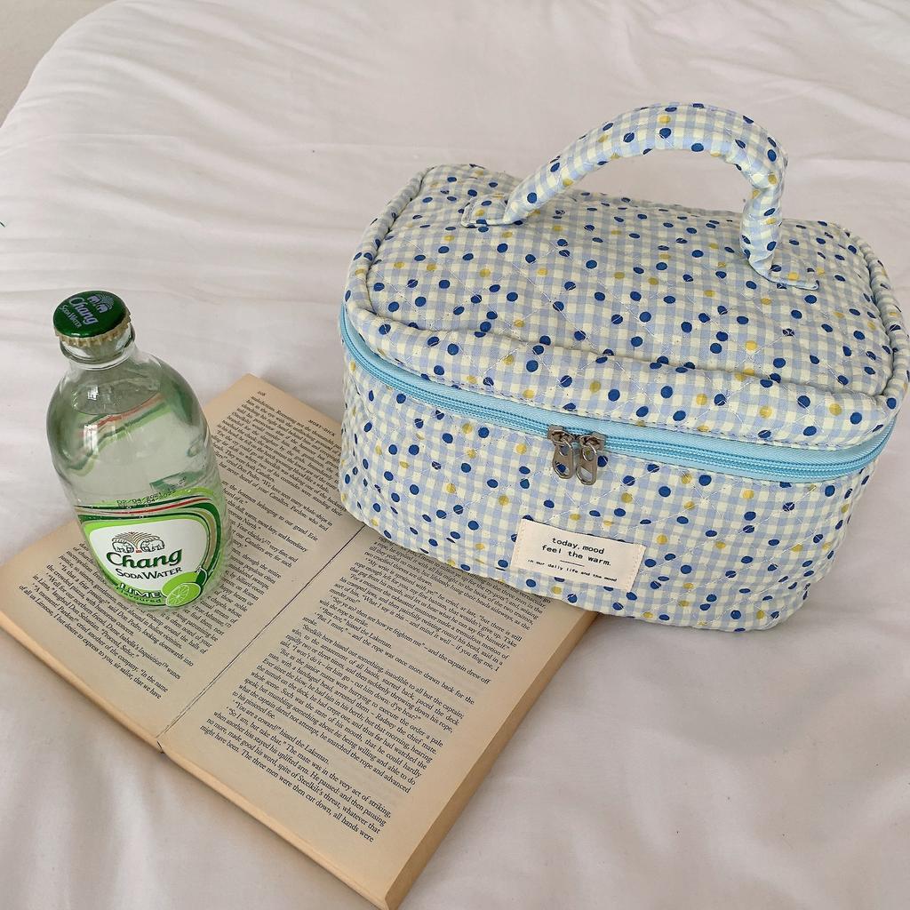 Cute Quilting Cotton Makeup Bag Women Zipper Cosmetic Organizer Travel Essentials Pouch Handbag Box Shape Ladies Toiletry Case