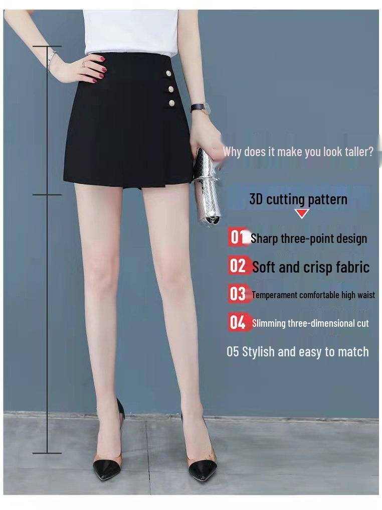 Women's High-Waisted Black A-Line Culottes: Spring/Summer 2026 Versatile Wide-Leg Casual Shorts.