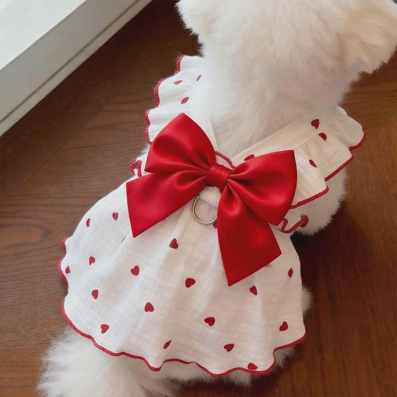Heart Print Pet Dress With Bow, Breathable Cotton Dog Cat Clothes, Adjustable Pet Outfit With D-Ring