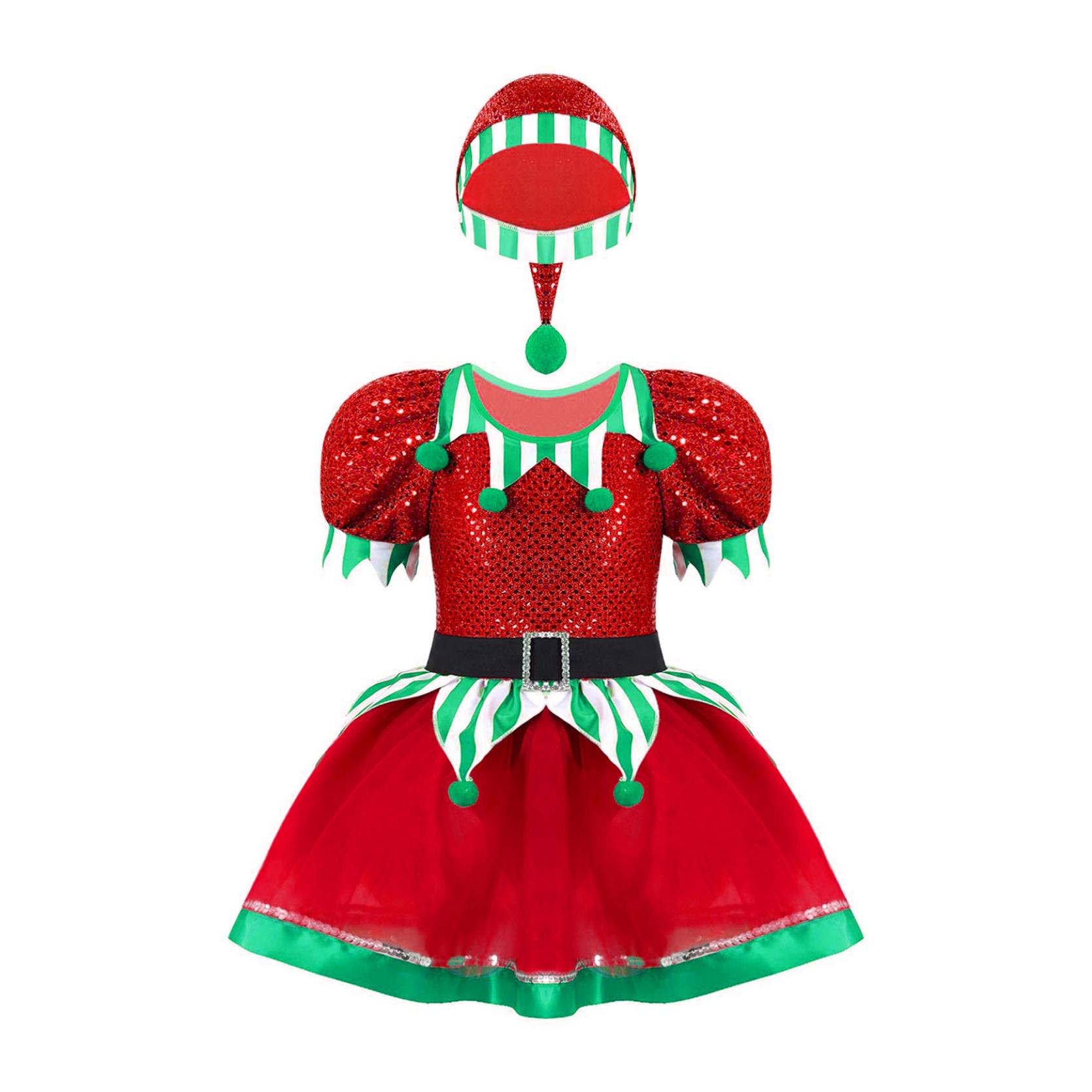 

Детский Рождественский карнавальный костюм эльфа для девочек, праздничное платье, наряд, сетчатое платье-пачка с блестками и шляпой 14-16 Years красный