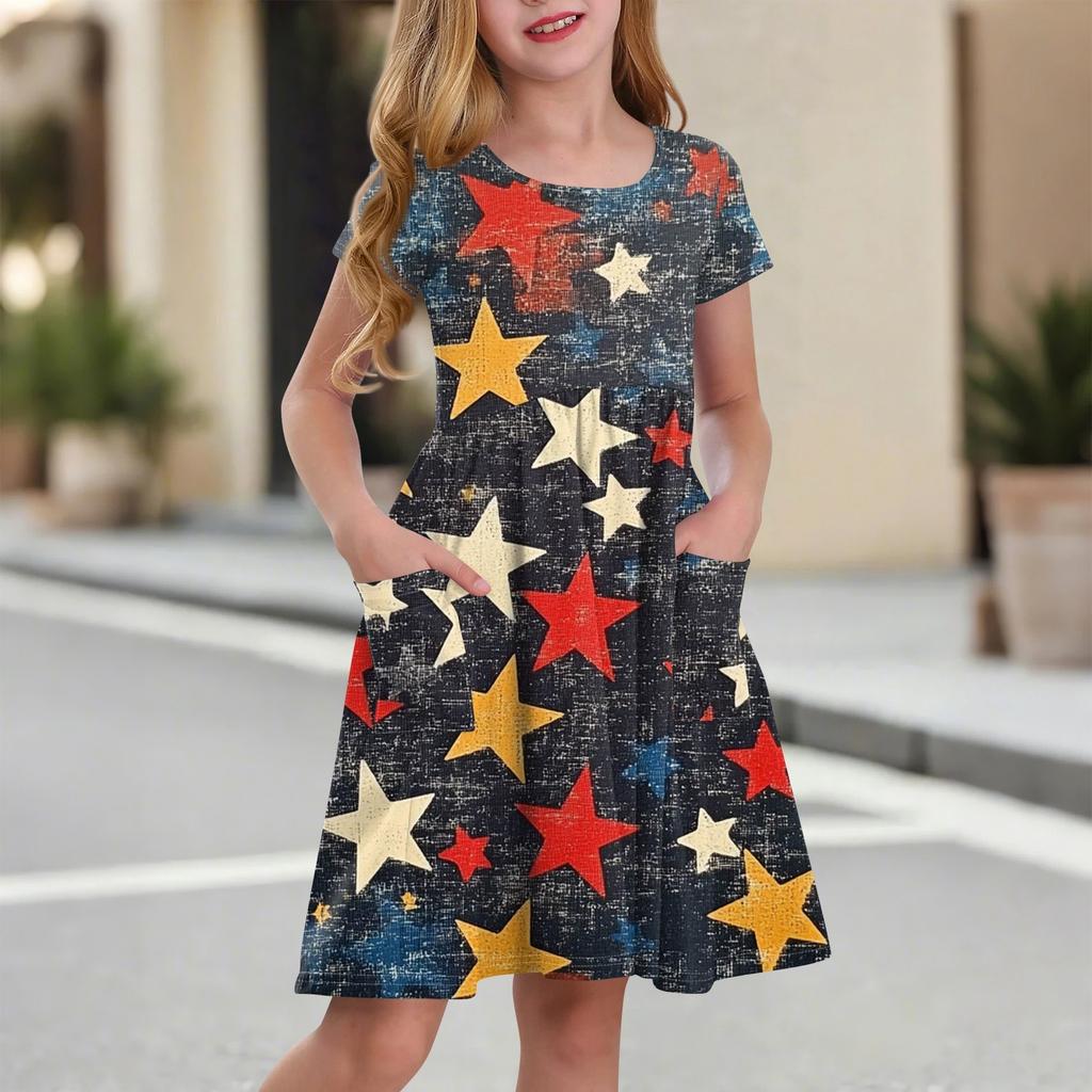 Kinder Rundhals Kurzarm Prinzessinnenkleid Modisch Und Lässig Tasche Mädchen Unabhängigkeitstag Kleid