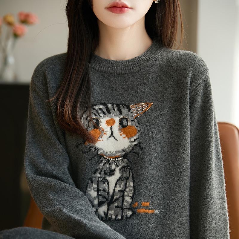 Women's Cute Cat Jacquard Sweater – Autumn/Winter, Round Neck, Loose Fit, Slimming, Age-Defying Knit Top