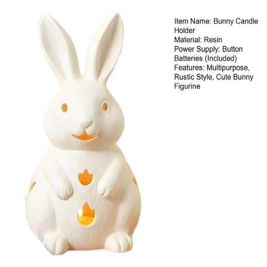 Easter Bunny Candle Holder Cute Bunny Resin Statue with LED Light White Bunny Figurine Rustic Table Centerpiece for Home Spring Decor