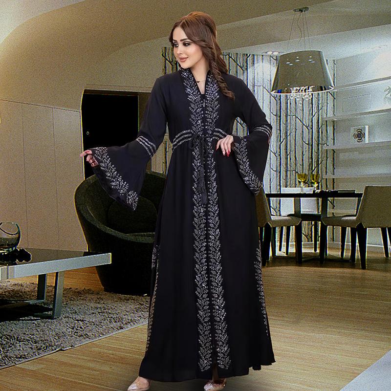 Arabian Style Long Sleeve Bell Bottom Dress Cardigan Robe Large Size Women's Fashionable Casual Geometric Patterned Gown