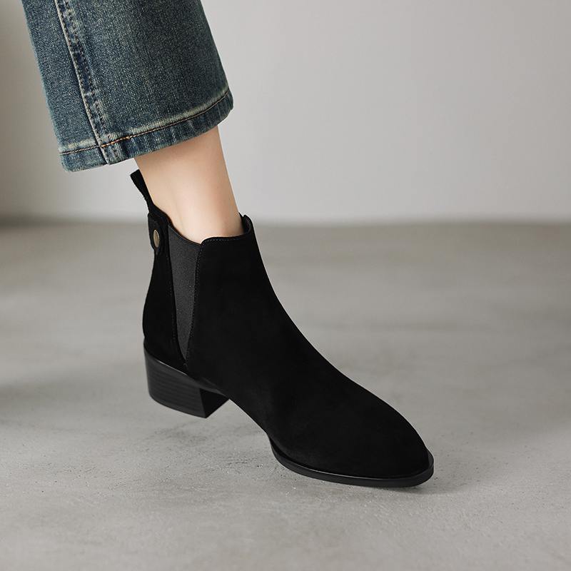 Krazing Pot Cow Suede Nubuck Winter Round Toe Chelsea Boots Med Heels Slip on Basic Design Metal Rivets Women Ankle Boots