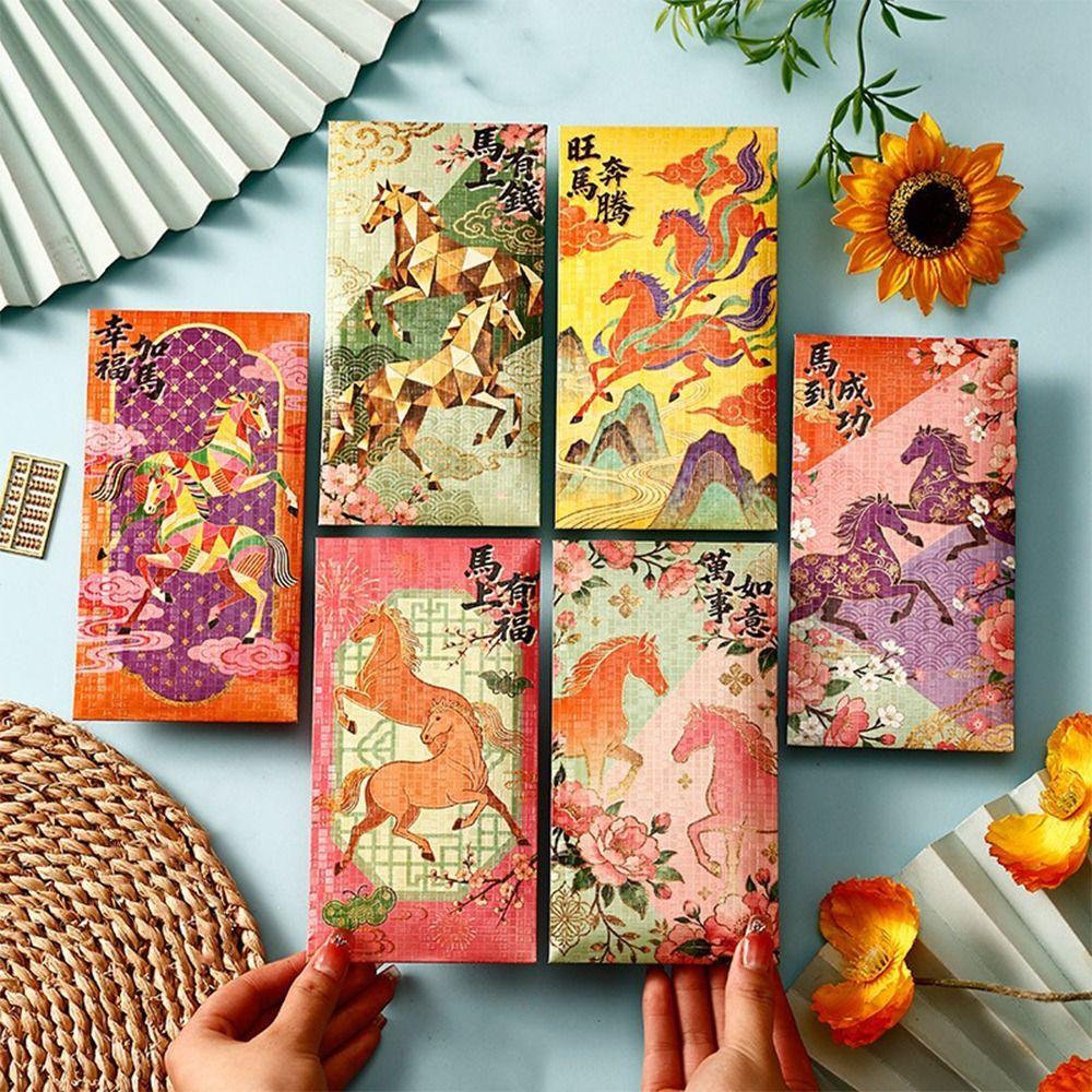 6pcs 2026 Horse Year New Year Red Envelope Traditional Good Lucky Red Pocket Blessing Pattern Hongbao Money Envelopes