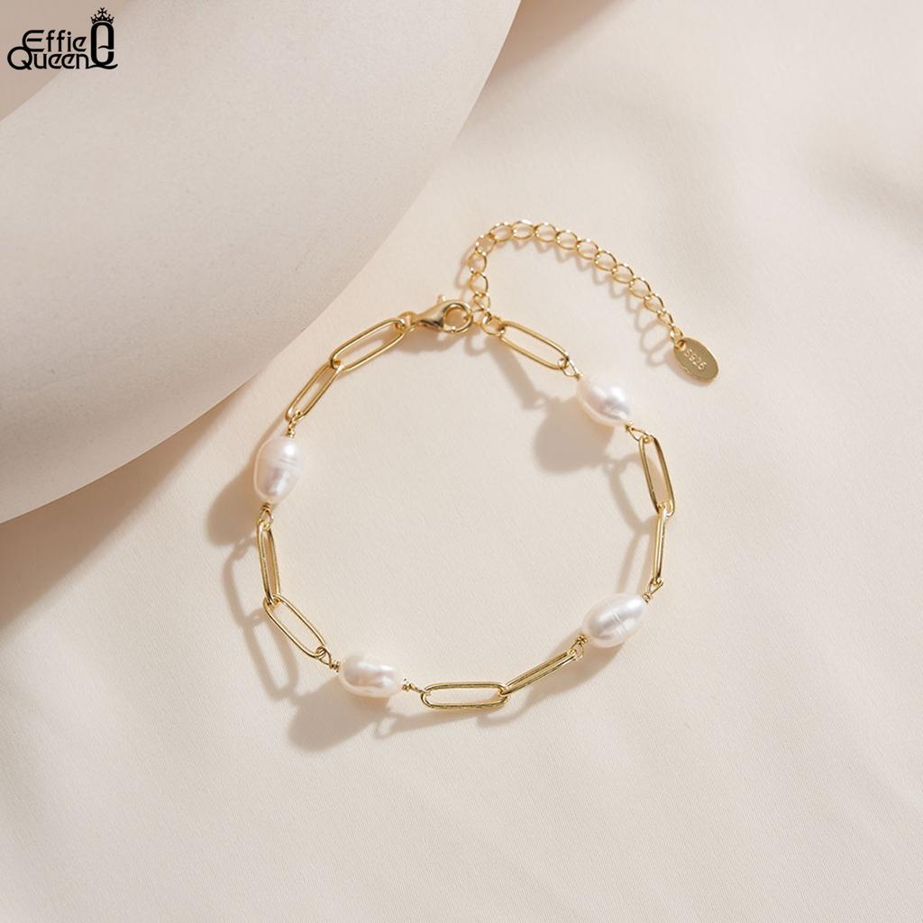 EFFIE QUEEN Fashion Freshwater Pearls Bracelet 925 Sterling Silver Paperclip Chain with Pearls Elegant Women Party Jewelry GPB39