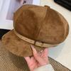 British Style Suede Octagonal Hat Brown Painter Hat Personality Pu Leather Beret  Travel