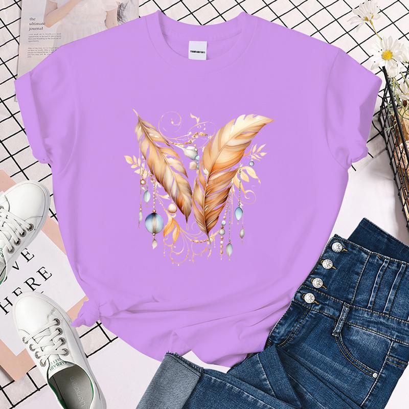 Feather Printed T-Shirts for Women Summer Short Sleeve Tee Shirts Round Neck Casual Summer Ladies Tops