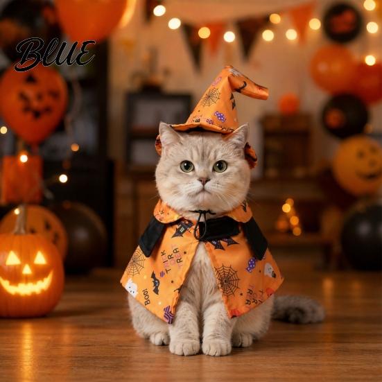 Ghost Themed Pet Outfit 1 Set Halloween Costume Adjustable Wizard Hat And Cape Cute Pumpkin Costume Prints Fun for Small Dogs Cats Festive Apparel