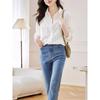 Women Casual Lapel Pocket Loose Long Sleeve White Shirt