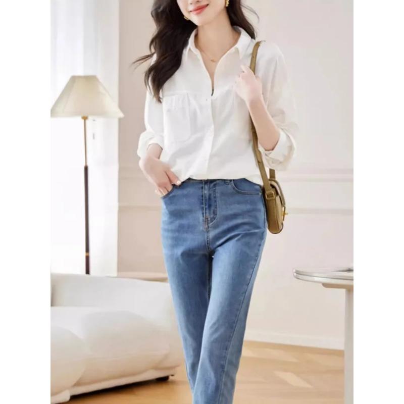 Women Casual Lapel Pocket Loose Long Sleeve White Shirt