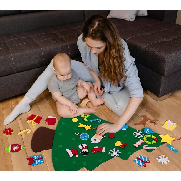 Jollylife 3ft DIY Felt Christmas Tree Set + Snowman Advent Calendar - Xmas Decorations Wall Hanging 33 Ornaments Kids Gifts Party Supplies