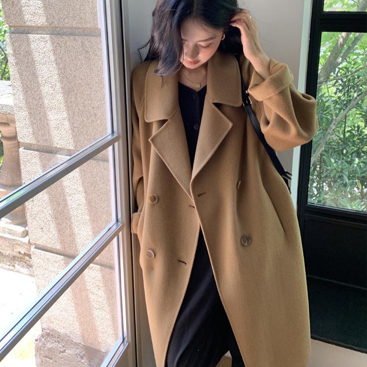 Women's Camel Wool Overcoat - Autumn/Winter High-End Suit with Belt, Petite Fit, Long H-Version, Elegant Temperament, Style 801
