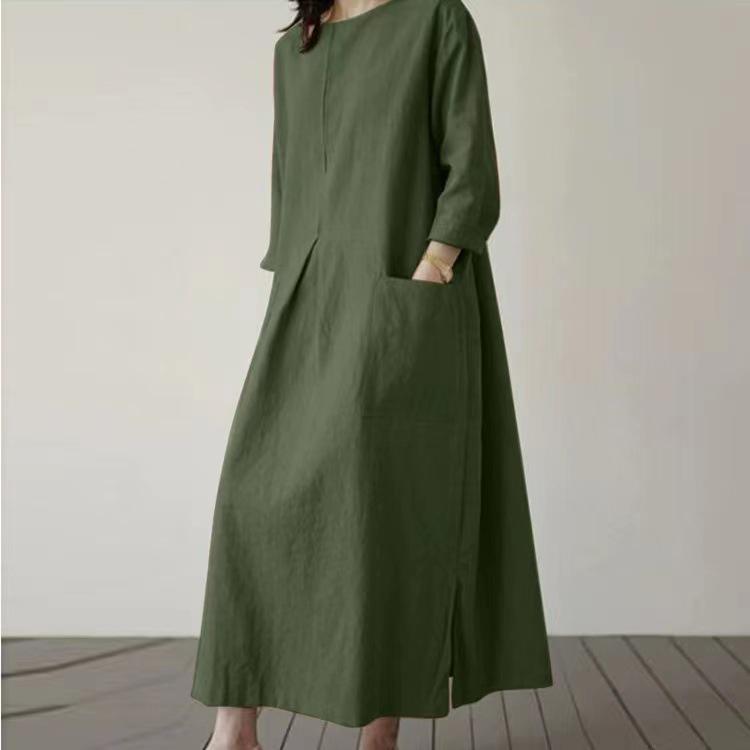 

2026 Casual Cotton Linen Long Sleeve Women s Dress with Round Neck and Elegant Hem Slit 5XL зелений