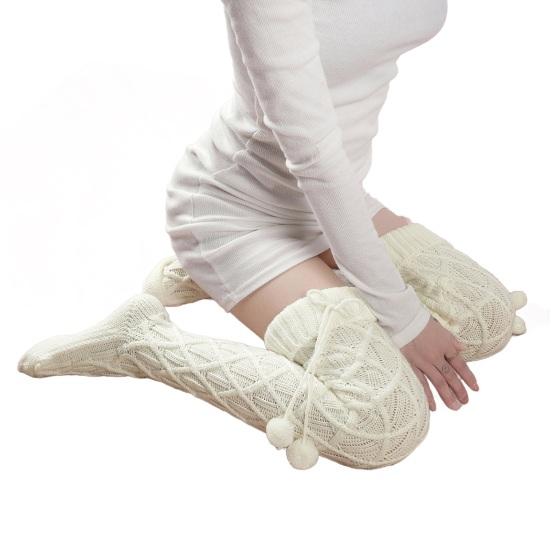 1 Pair Women Long Socks Solid Color Rhombus Texture Autumn Winter Knitting Stockings with Wool Balls Daily Wear