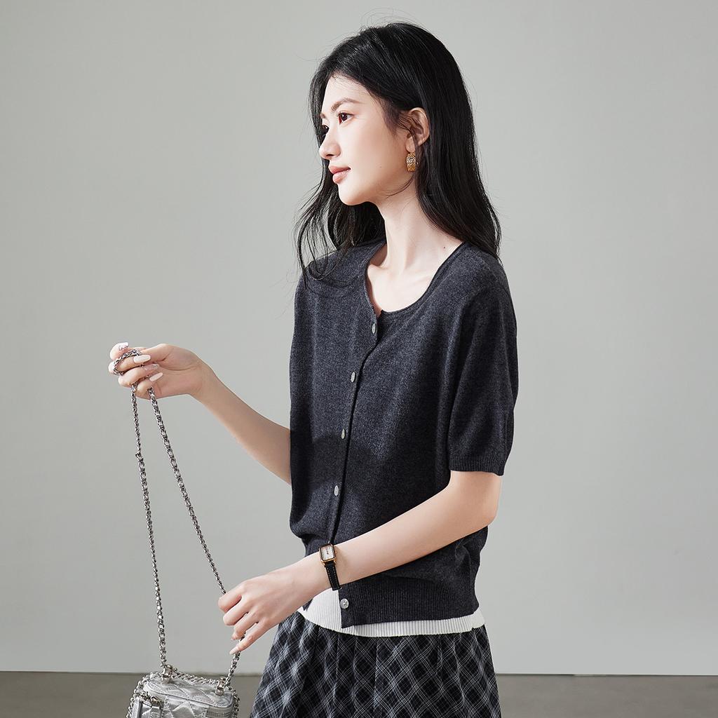 100% sheep wool round neck short sleeved wool sweater for women 2026 spring and autumn casual versatile short knitted top