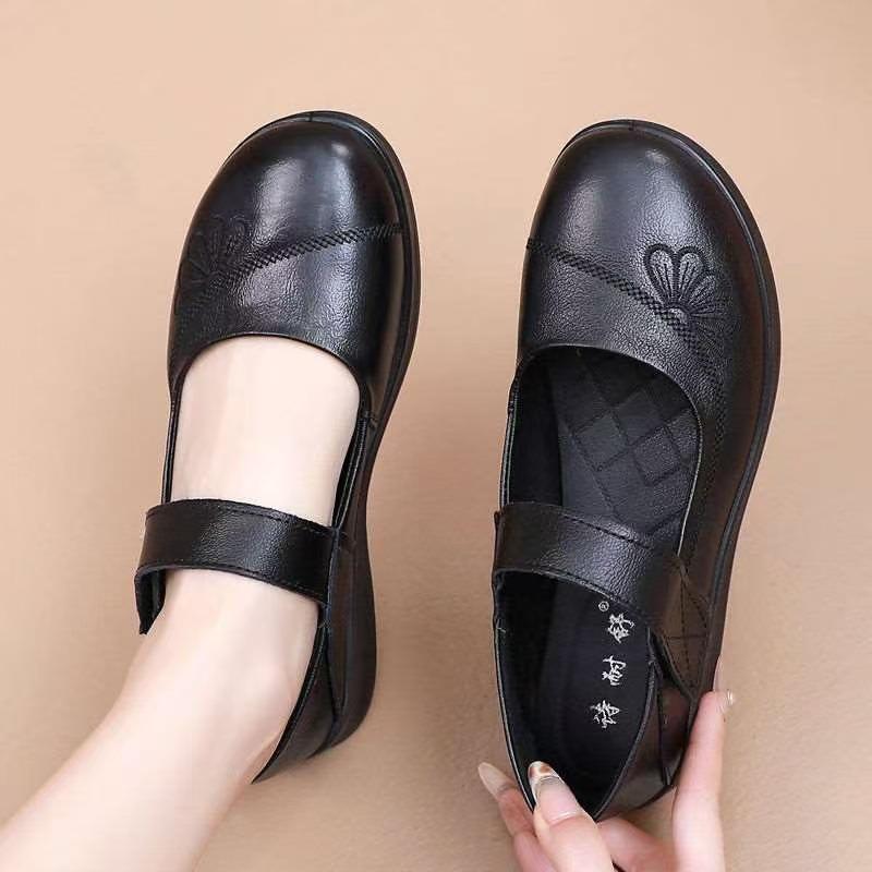 Autumn shallow mouth fashion single shoes women's middle-aged and old shoes flat leather shoes non-slip comfortable small leather shoes